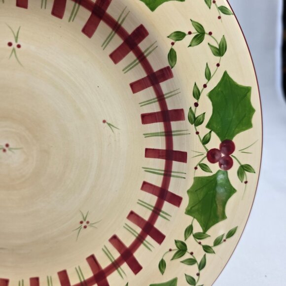Los Angeles Pottery Laurie Gates Holiday Dinner Plate Green & Red Holly & Plaid - Picture 7 of 14
